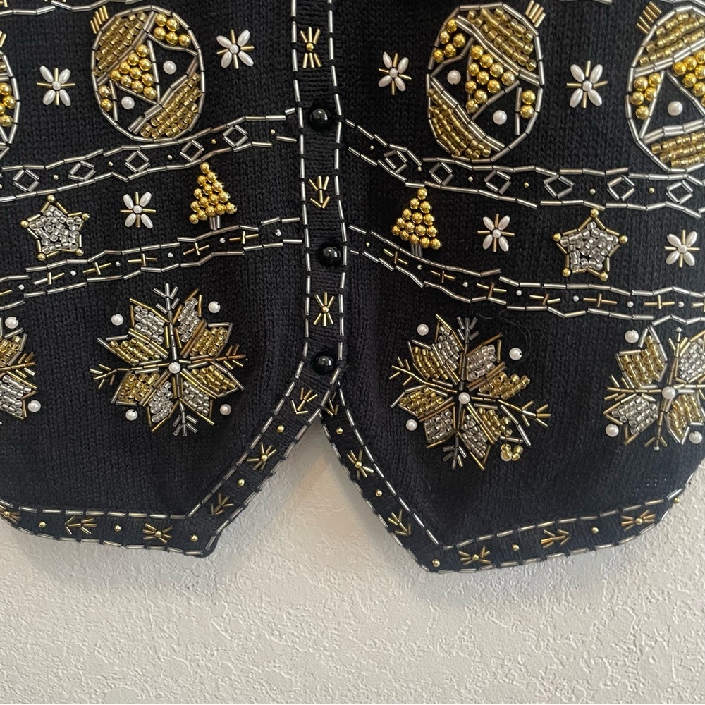 Claudia D Holiday Vest Womens XL Black Knit Gold Bead Button Front Vintage - Picture 6 of 9